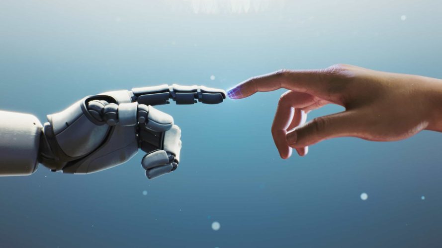 Close Up of Futuristic Robotic Hand Touching Human One That Gradually Morphs Into Robotic Form. Human Becomes Machine Through AI Touch. Concept For Digital Metamorphosis, And Technological Evolution.